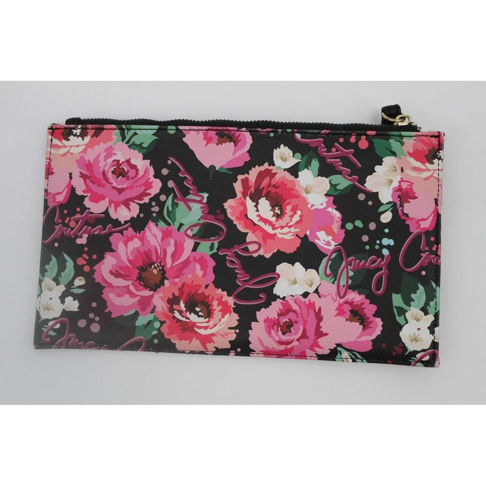 Juicy Couture Floral Wristlet Clutch Black Pink Bow Heart Charm Card Slots NWOT